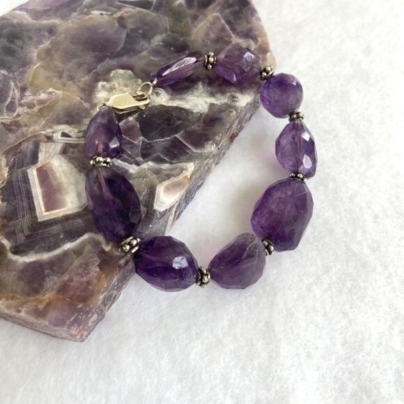 Sterling Silver 925 Faceted Amethyst Chunk Beaded Bracelet 8" Fits 6.75" Wrist - Picture 4 of 16